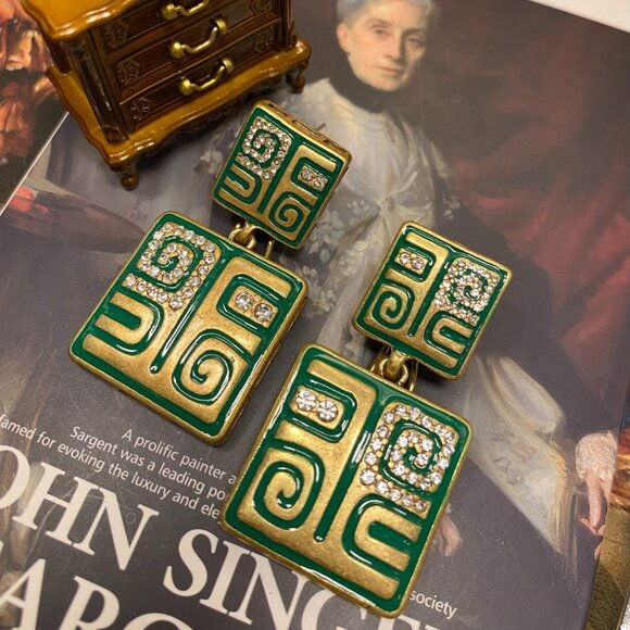Vintage Gold Green Enamel Geometric Drops - Picture 3 of 5